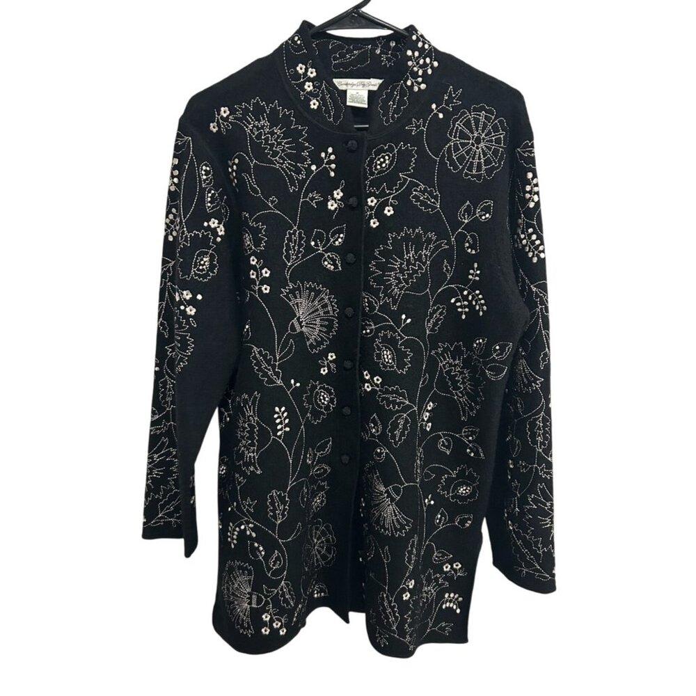 Cambridge Dry Goods Wool Button Up Jacket Black Sz Medium Floral Embroidered